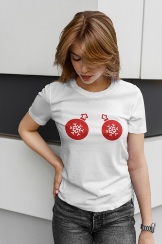 Kalėdiniai organinės medvilnės marškinėliai su piešiniu EGLĖS ŽAISLIUKAI