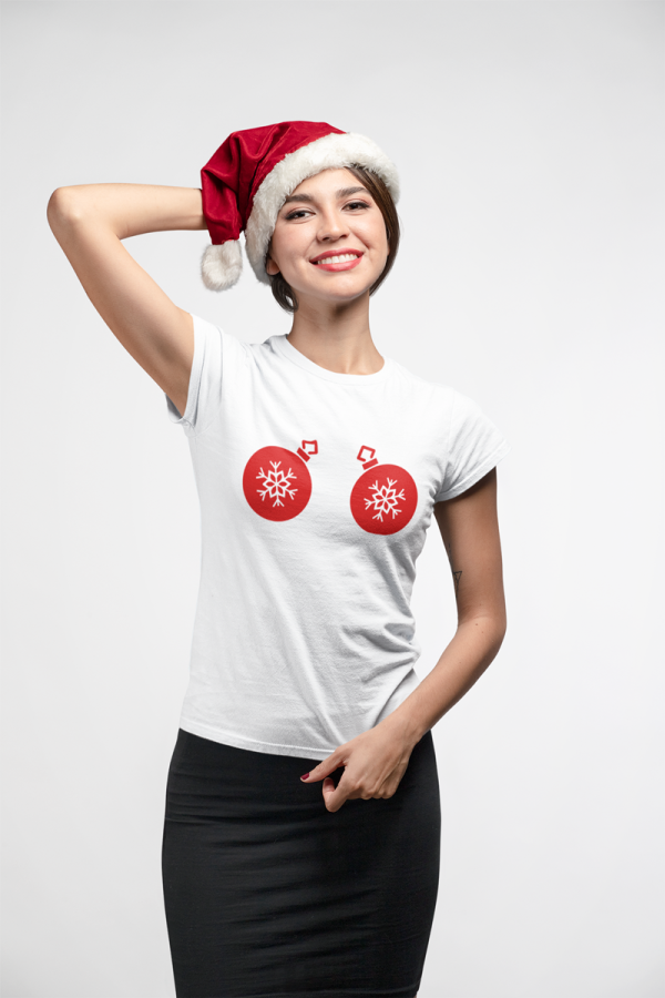Kalėdiniai organinės medvilnės marškinėliai su piešiniu EGLĖS ŽAISLIUKAI