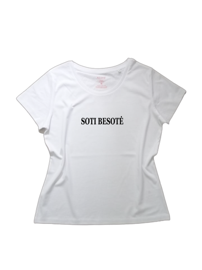 Organinės medvilnės marškinėliai su užrašu SOTI BESOTĖ